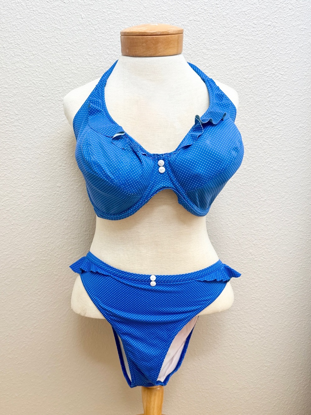 Freya Blue Polka Dot Ruffle Bikini Set. Top 38G underwire, cheeky bottoms XL